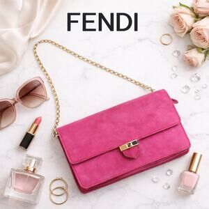 Authenticated Fendi Hot Pink Suede Clutch / Evening Purse